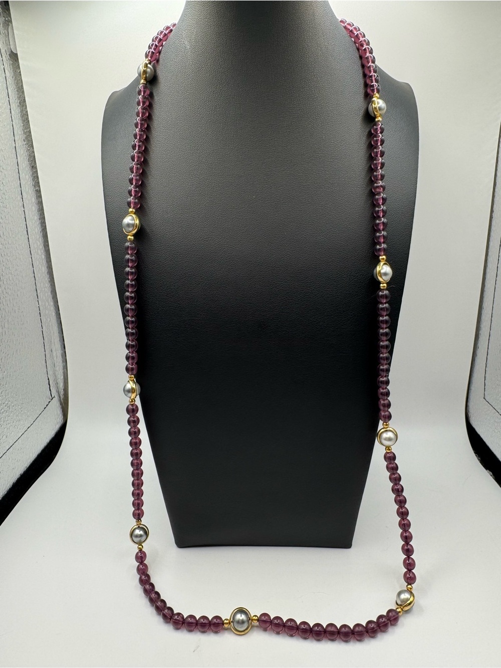 VTG Long Purple Bead Necklace with Gold-Trimmed Pearls